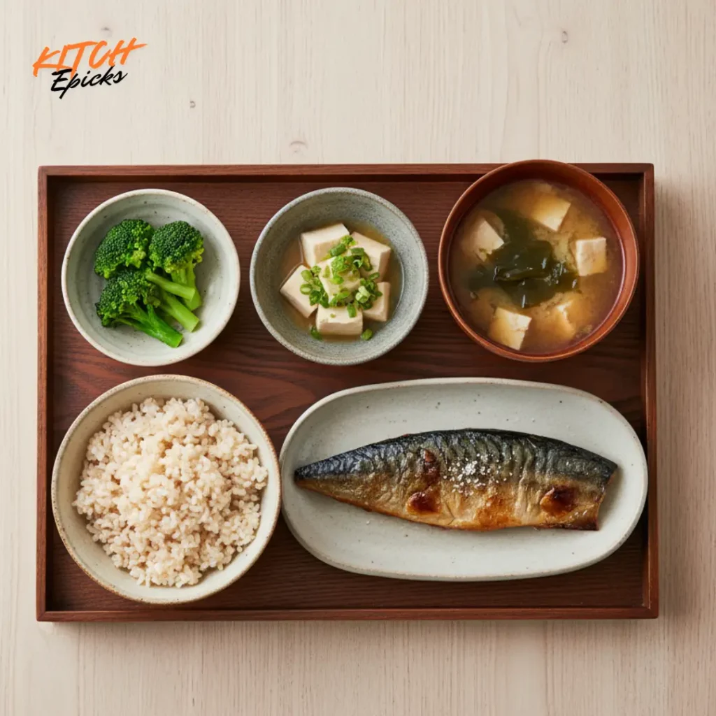 Balanced Japan Diet meal with brown rice, grilled fish, vegetables, and miso soup Balanced Japan Diet meal with brown rice, grilled fish, vegetables, and miso soup