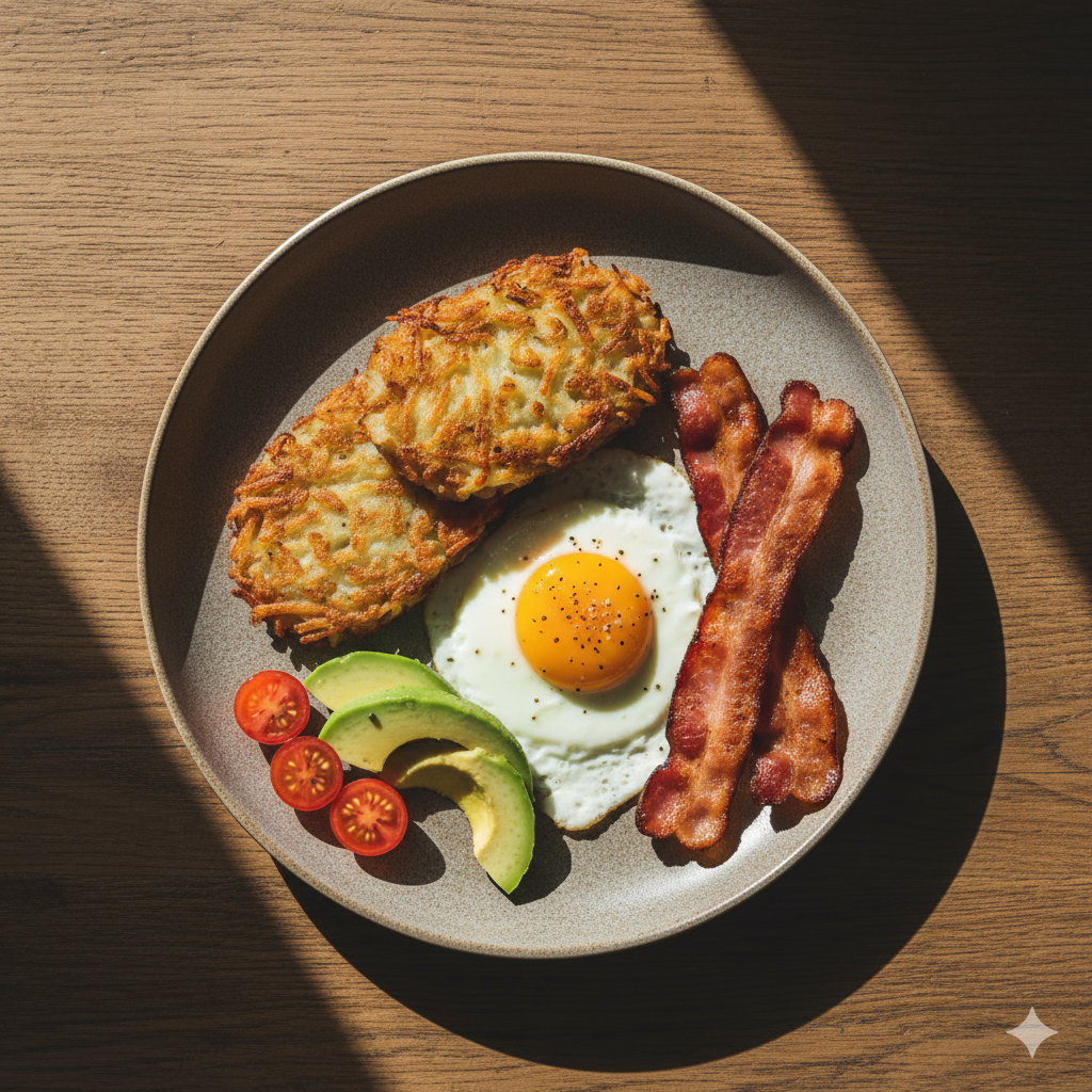 Beautiful breakfast plate with 2 crispy air fryer hash brown patties
