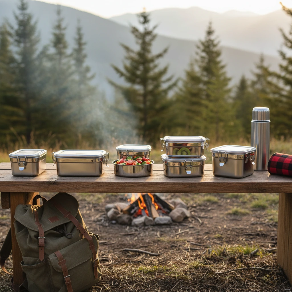 Stainless steel food storage containers on a wooden camping table with travel gear — durable, eco-friendly options for camping and travel.