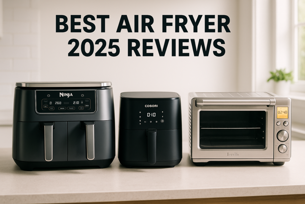 Best air fryer 2025 reviews featuring Ninja, COSORI, and Breville models on a kitchen counter
