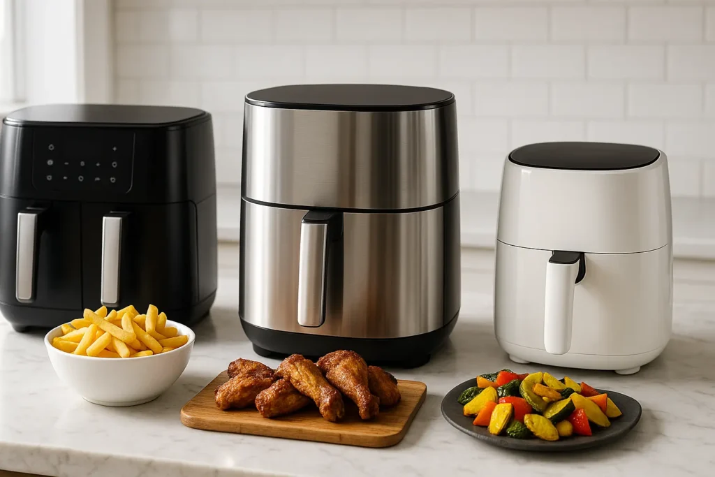 Best air fryer 2025 reviews featuring three top-rated models with crispy fries chicken wings and roasted vegetables