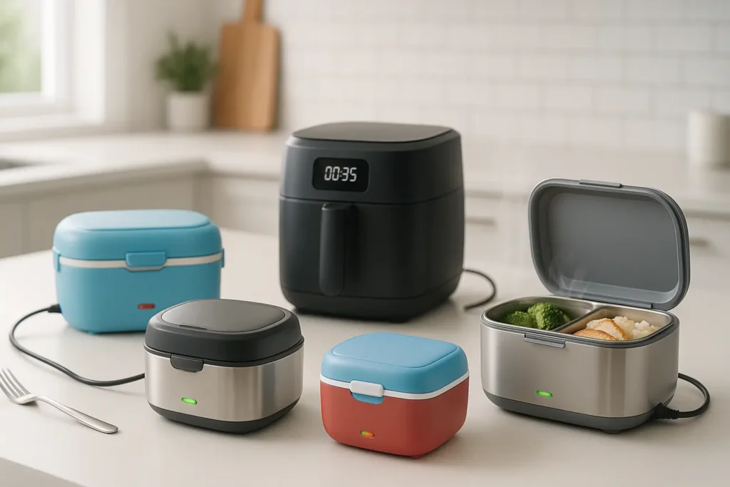 Best electric lunch box models for 2025 including stainless steel and multi-compartment designs on modern kitchen countertop
