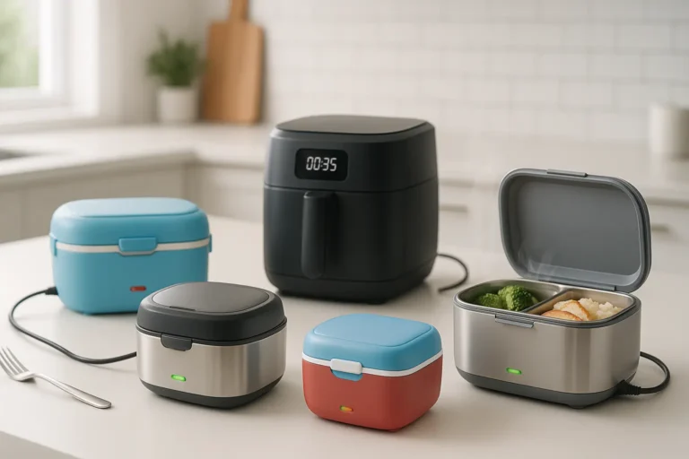 Best electric lunch box models for 2025 including stainless steel and multi-compartment designs on modern kitchen countertop