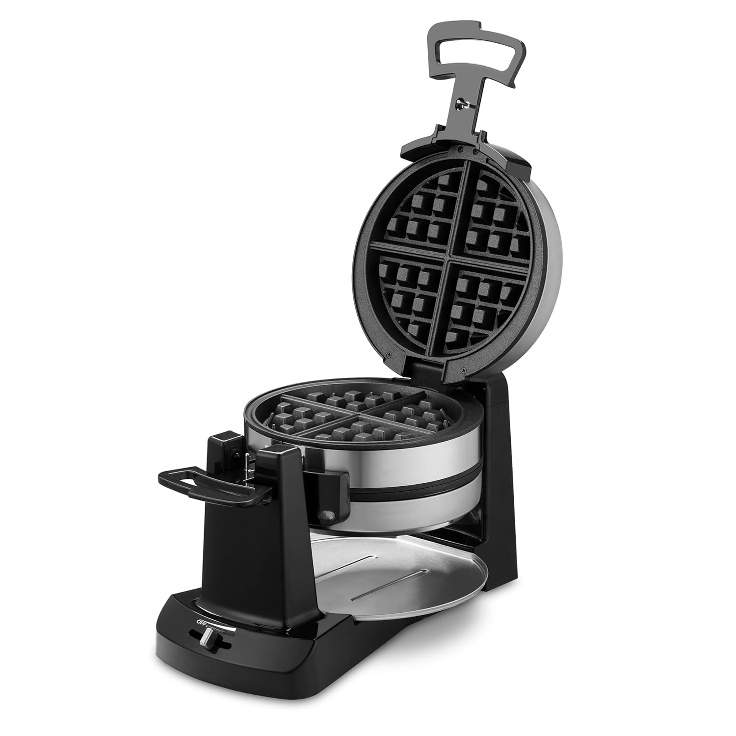 Golden Belgian waffles beside a stainless steel waffle maker