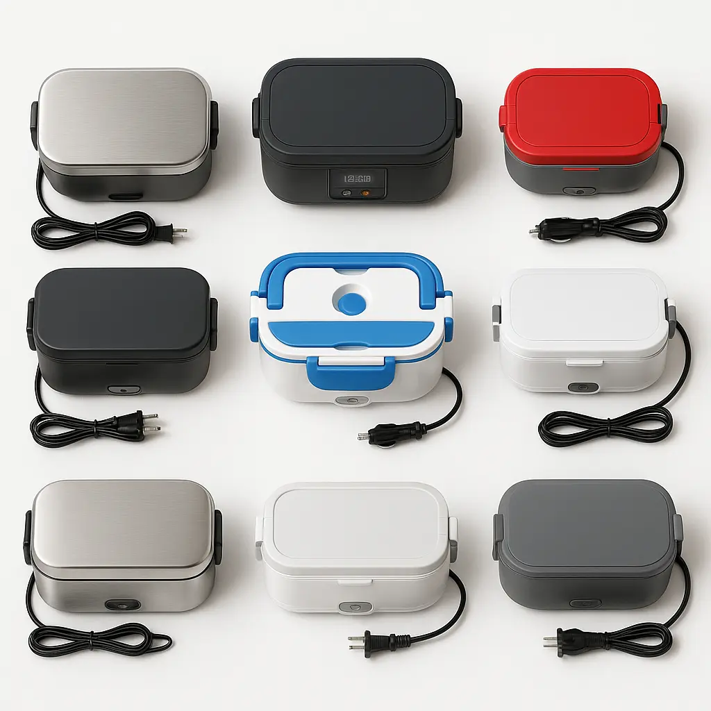 Electric lunch box comparison showing different sizes and models from overhead view
