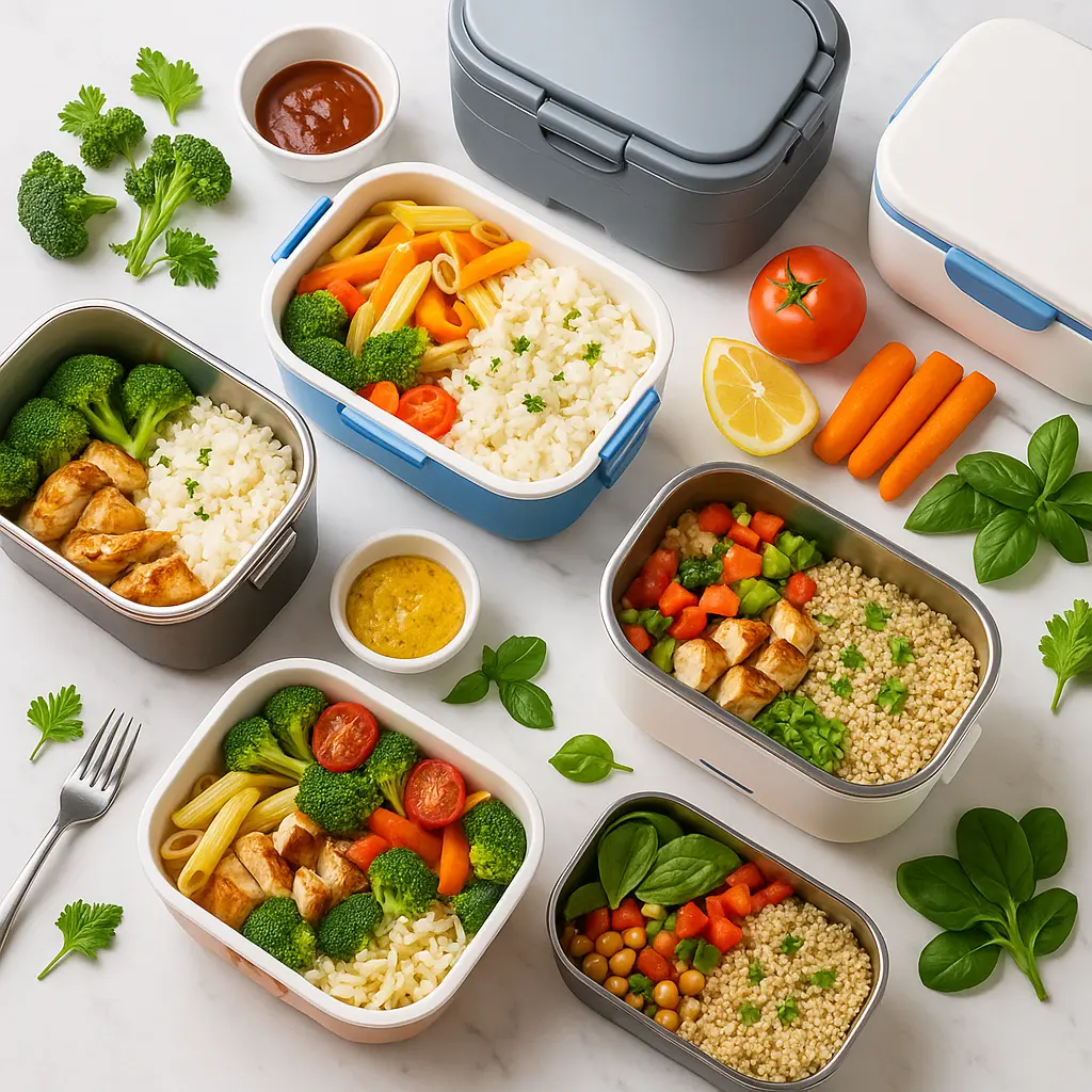 Electric lunch box meal prep with healthy chicken rice bowls and pasta dishes ready for the week