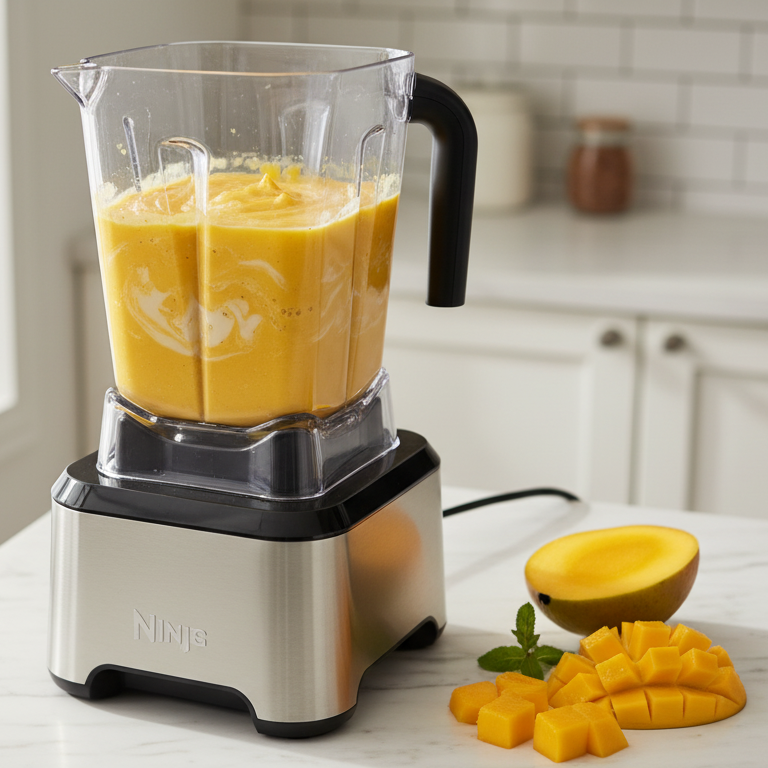 High-powered blender filled with fresh mango chunks and coconut milk for making creamy mango sago dessert base High-powered blender filled with fresh mango chunks and coconut milk for making creamy mango sago dessert base