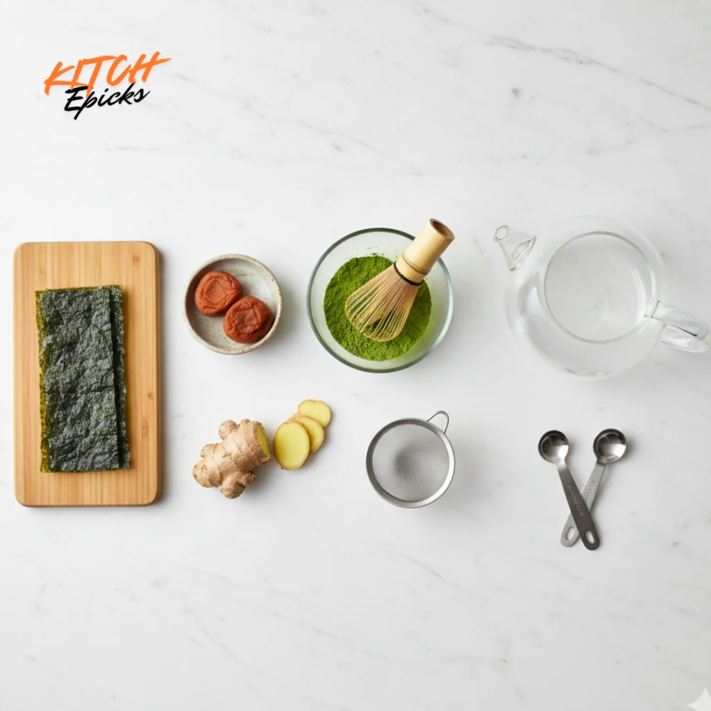 Ingredients for Japanese Mounjaro matcha detox drink arranged on marble countertop