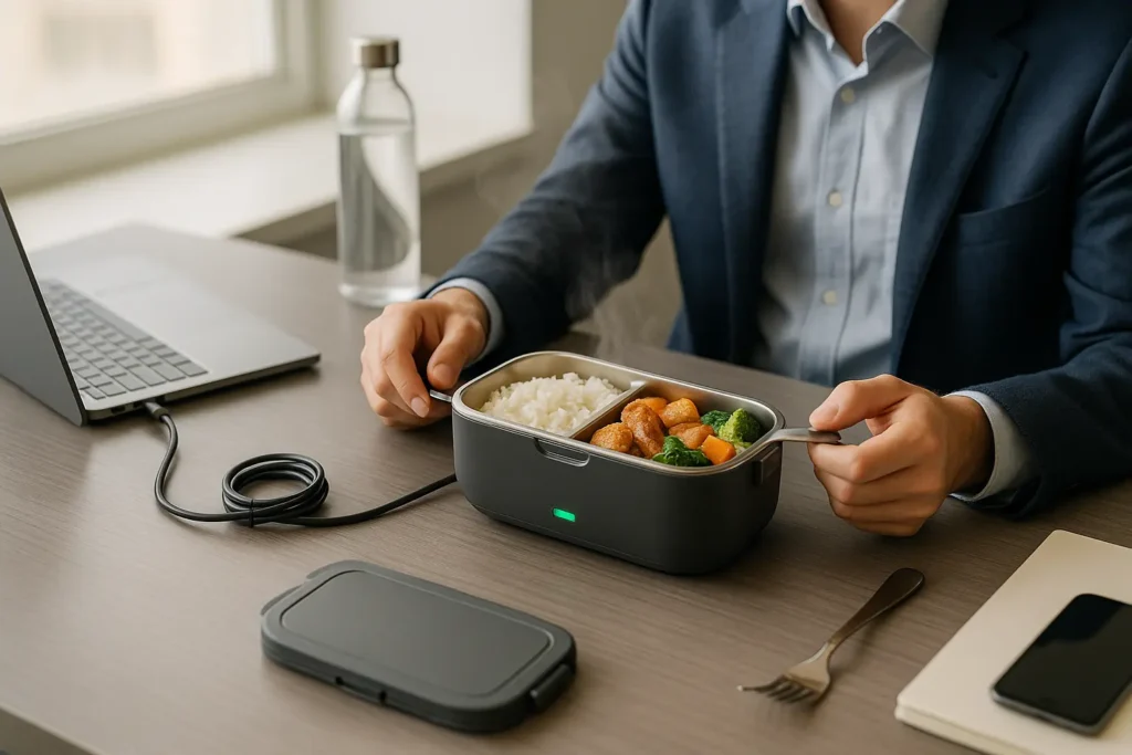 Office worker using portable electric lunch box at desk with hot meal ready to eat