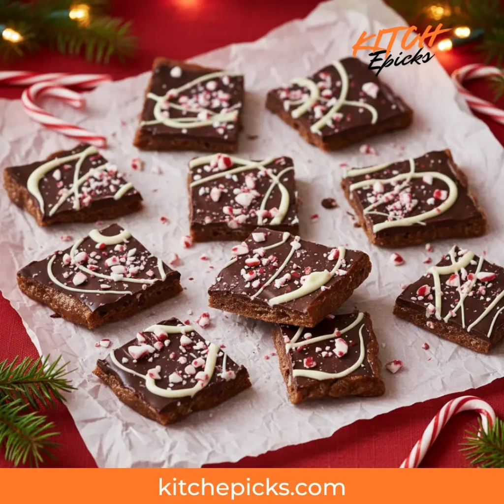 Festive Peppermint Chocolate Christmas Crack topped with crushed candy canes and white chocolate swirls on a holiday table.
