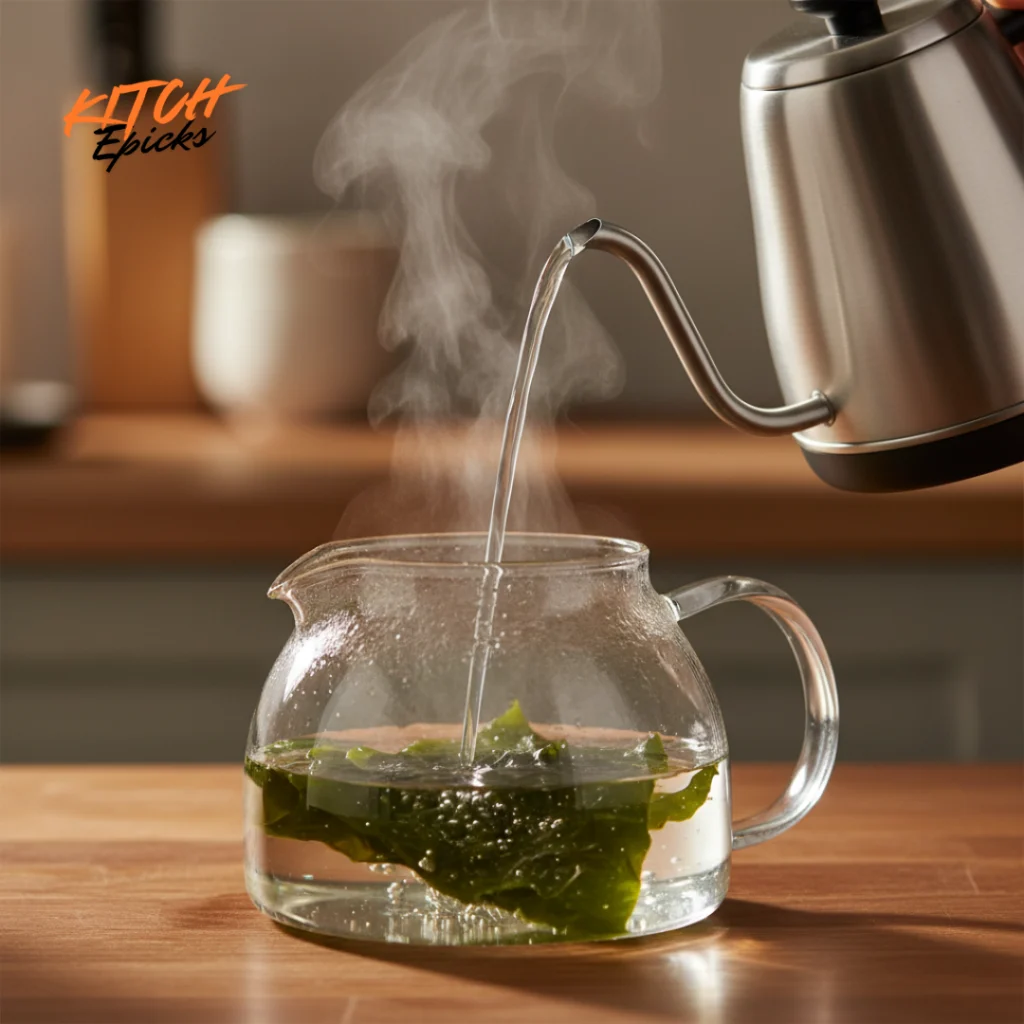 Pouring hot water over kombu seaweed to create Japanese Mounjaro tea base