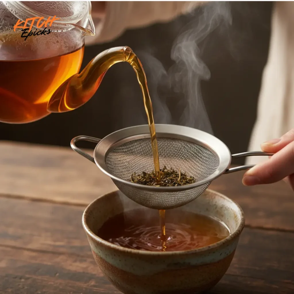 Straining Japanese herbal Mounjaro tea through fine mesh strainer into cup