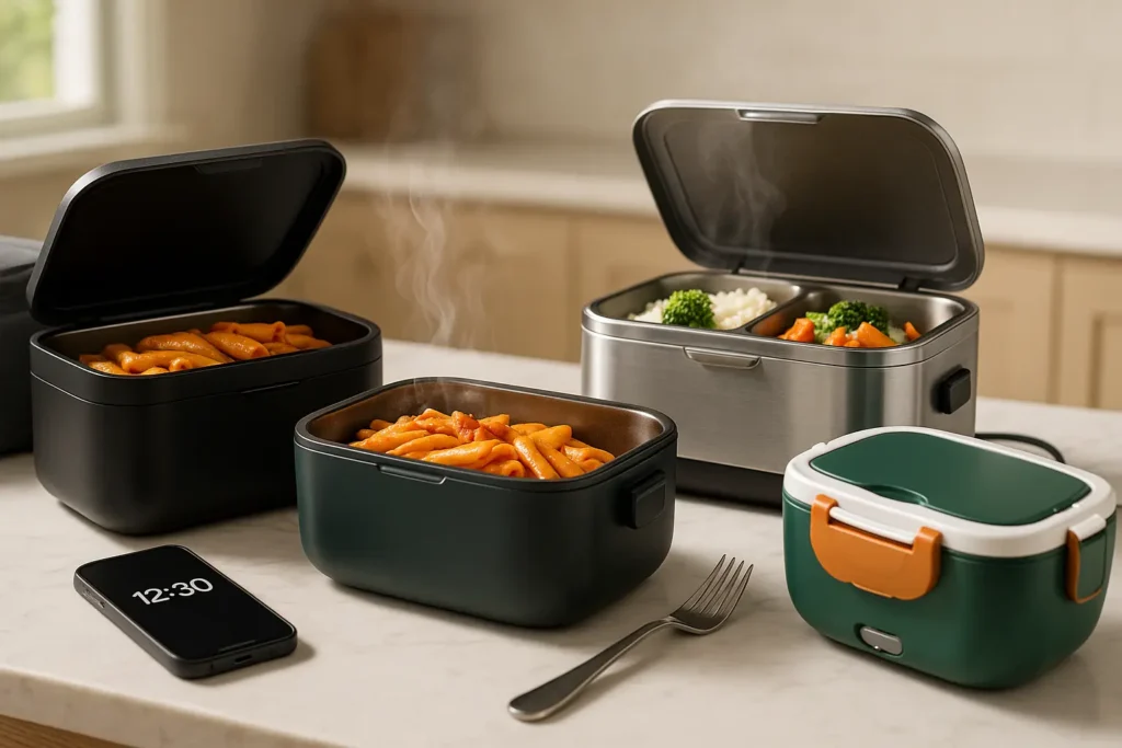 best heated lunch box models 2025 with hot food and steam on kitchen counter
