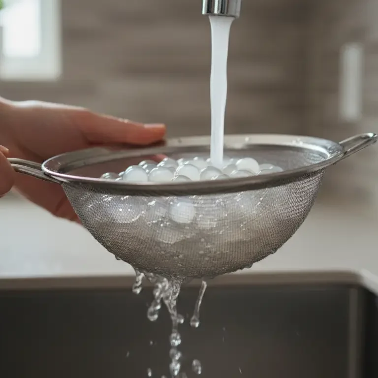 cooking-sago-tapioca-pearls-rinsing "Drain the cooked sago through a fine-mesh strainer and rinse thoroughly  under cold running water to stop the cooking process and remove excess starch..."
