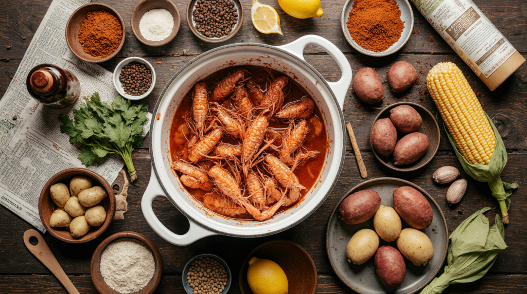 Complete Louisiana crawfish boil recipe ingredients including live crawfish corn potatoes sausage lemons and Cajun seasonings arranged for travel cooking
