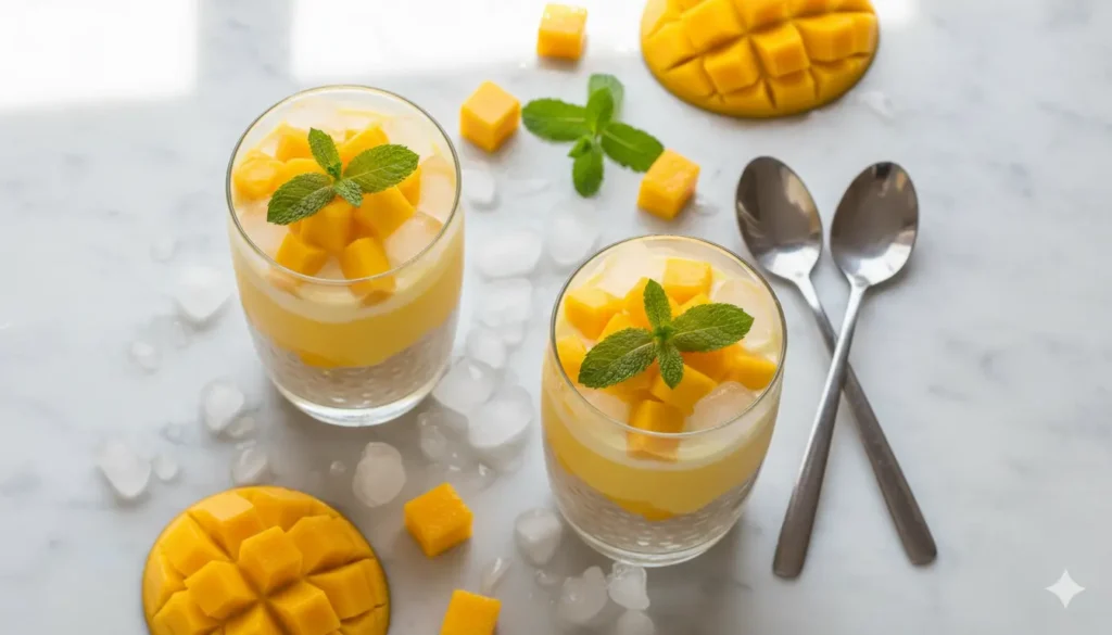 Two glasses of chilled Filipino mango sago dessert served over crushed ice with coconut jelly and fresh mango garnish Two glasses of chilled Filipino mango sago dessert served over crushed ice with coconut jelly and fresh mango garnish