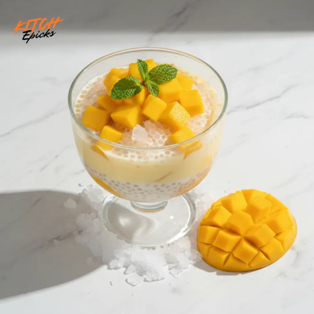 Bowl of creamy mango sago dessert with coconut milk and translucent tapioca pearls topped with fresh diced mango chunks served in a clear glass bowl