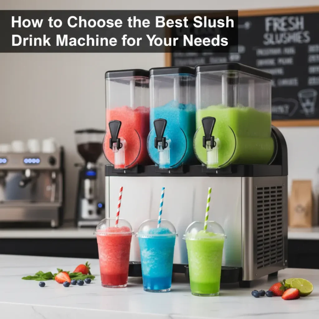 "Featured image of a slush drink machine with colorful frozen drinks in a modern kitchen or café setting, showcasing vibrant red, blue, and green slushies."