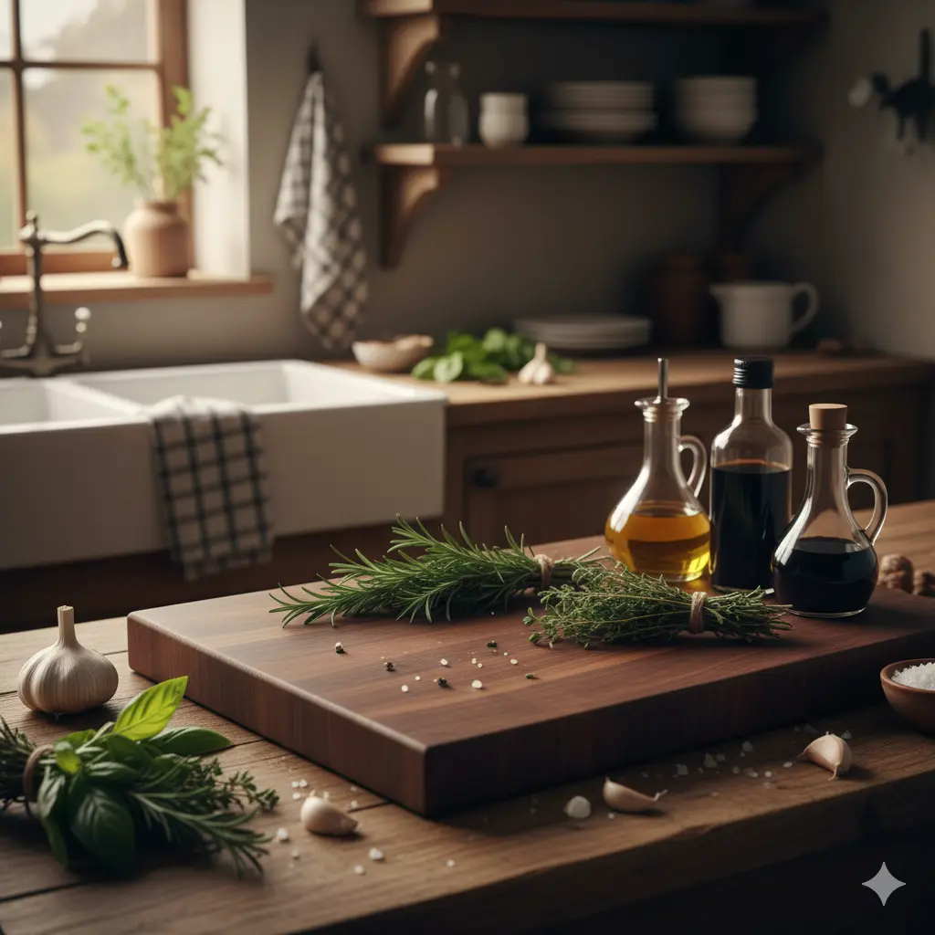 walnut cutting board on a wooden counter