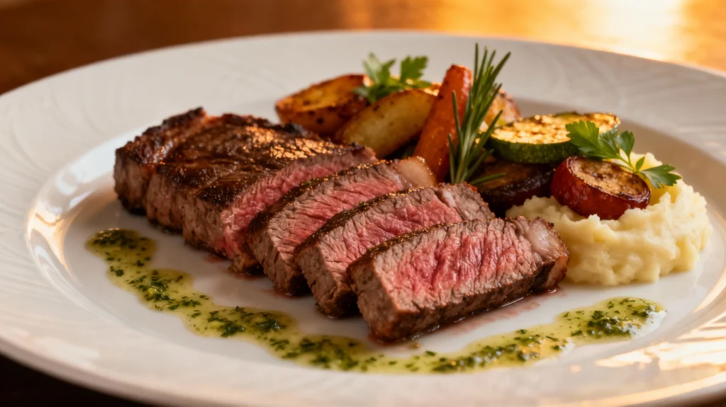 Beef sirloin steak sous vide plated with vegetables and potatoes Beef sirloin steak sous vide plated with vegetables and potatoes