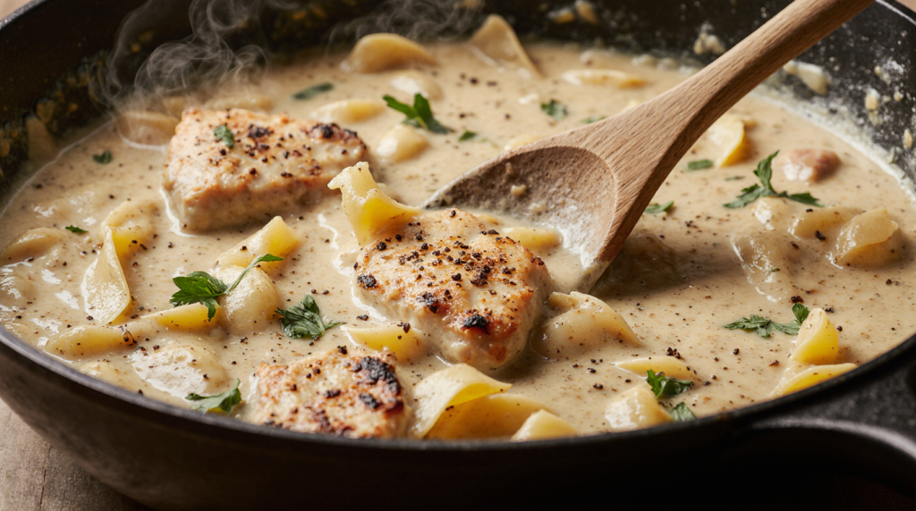 Cajun-Chicken-Alfredo Cajun Chicken Alfredo being tossed in a rustic skillet with a wooden spoon, featuring creamy pasta coated in sauce, slices of blackened chicken, fresh parsley garnish, and warm natural lighting.