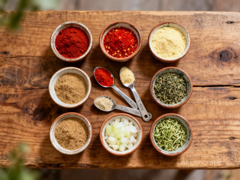 Cajun-Chicken-Alfredo-seasoning-ingredients Cajun seasoning ingredients arranged on a rustic wooden board, including paprika, cayenne pepper, garlic powder, onion powder, dried oregano, thyme, black pepper, and salt, with metal measuring spoons and warm natural lighting for a cozy kitchen feel.