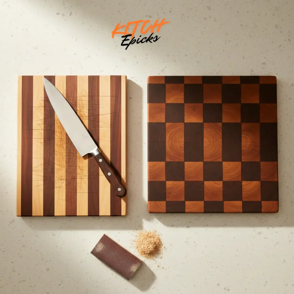 Comparison of knife marks on end grain vs edge grain surfaces