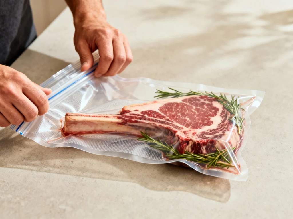Cook Ribeye Steak Sous Vide Step 4 – Bag, seal, and submerge Cook Ribeye Steak Sous Vide Step 4 – Bag, seal, and submerge