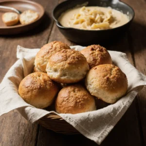 Basket of warm crusty bread and soft dinner rolls on a wooden table.