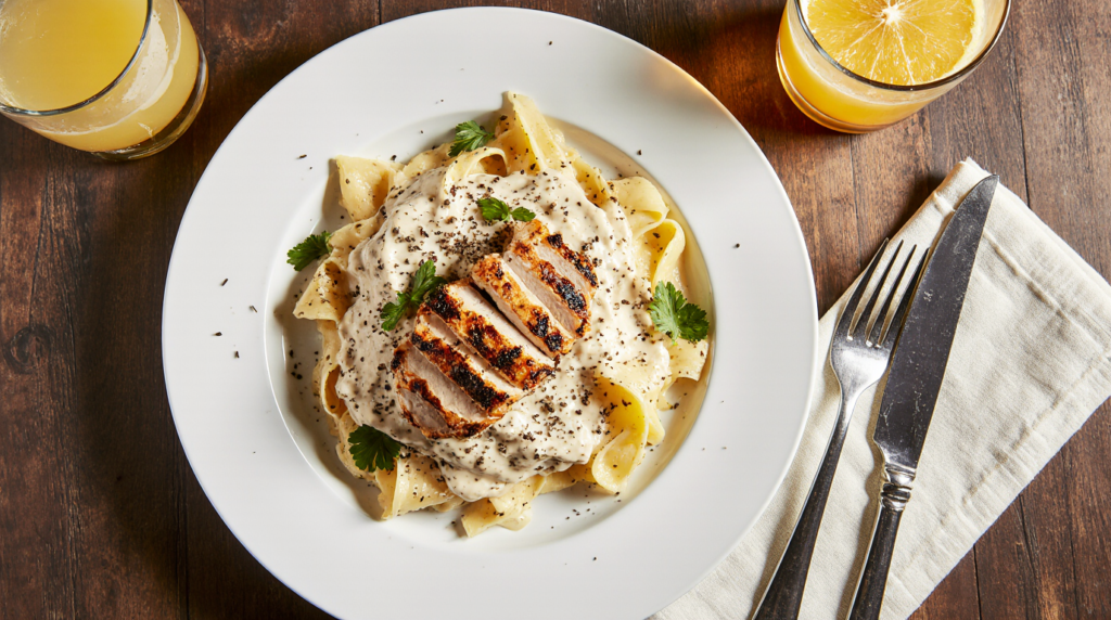 Elegant-plate-of-Cajun-Chicken-Alfredo Elegant plate of Cajun Chicken Alfredo topped with blackened chicken and parsley, served on a white dish with a glass of orange juice beside it on a rustic wooden table under warm natural lighting.