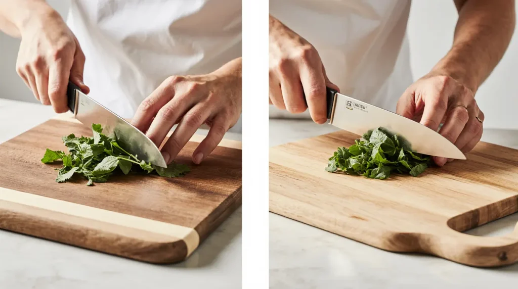 End grain and edge grain cutting boards in kitchen use