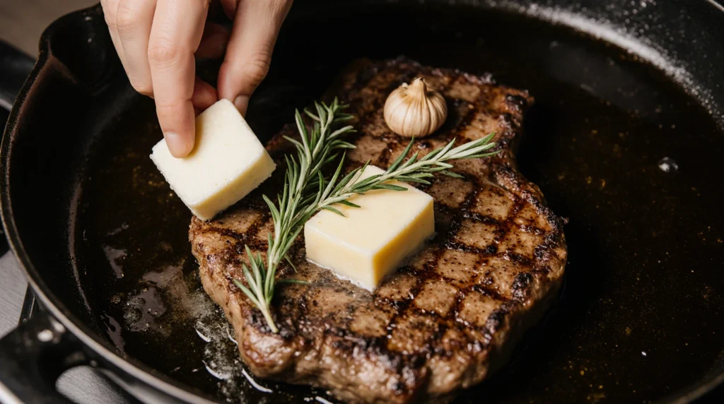Finishing Sous Vide Ribeye on the Stovetop – Add butter and aromatics Finishing Sous Vide Ribeye on the Stovetop – Add butter and aromatics