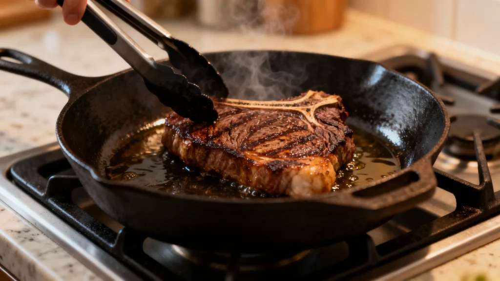 Finishing Sous Vide Ribeye on the Stovetop– Choose the right pan and fat– First contact hard sear Finishing Sous Vide Ribeye on the Stovetop– Choose the right pan and fat– First contact hard sear