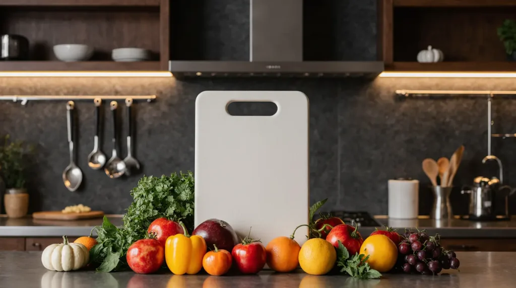A white cutting board standing upright on a metallic counter surrounded by brightly colored fresh fruits and vegetables in a modern kitchen.