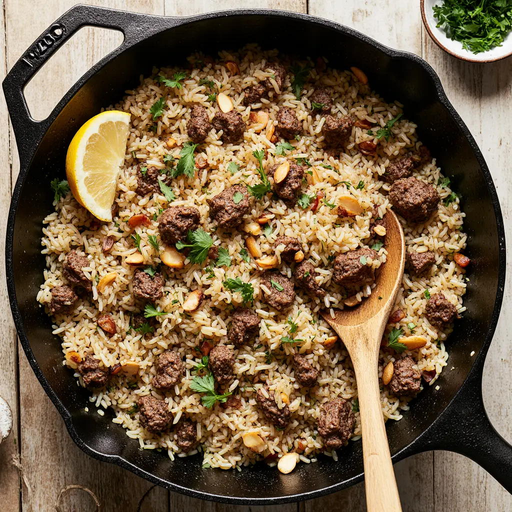 Mediterranean Ground Lamb and Rice Pilaf