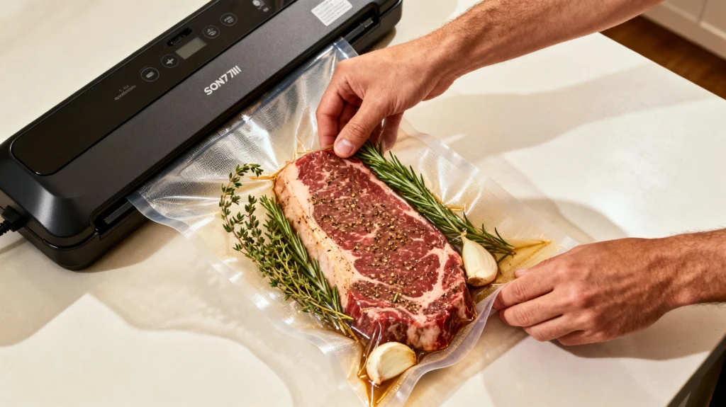 Placing sirloin steak in a vacuum Placing sirloin steak in a vacuum