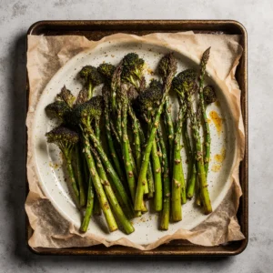 Roasted asparagus, green beans, and broccoli with golden edges on a baking tray.