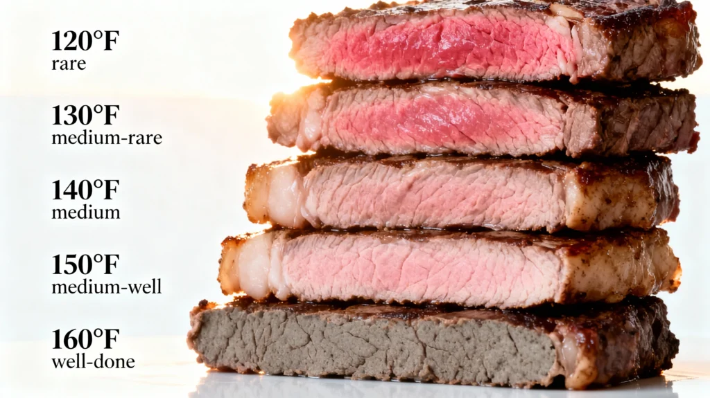 Sous vide steak doneness levels chart showing cross-sections from rare to well-done with temperatures 120°F to 160°F