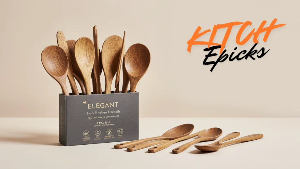 Best teak kitchen utensils 8-piece cooking tool set with wooden spoons spatulas and serving utensils