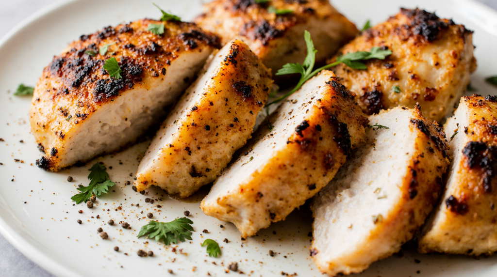 blackened-Cajun-chicken-strips Perfectly blackened Cajun chicken strips on a white plate, showing a crispy seasoned crust with tender juicy interiors, garnished with parsley and cracked black pepper under warm natural lighting.