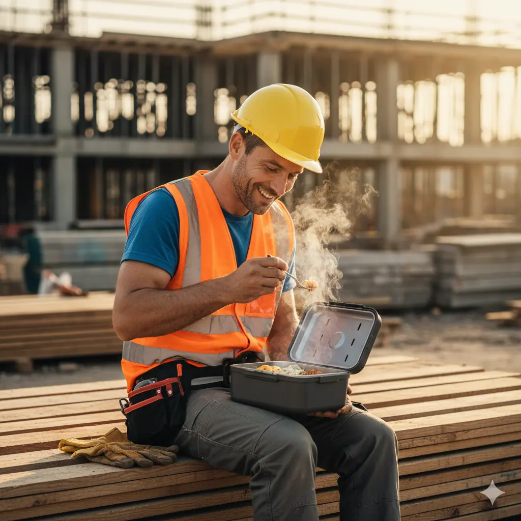 Construction worker using cordless battery powered electric lunch box at outdoor job site without outlets