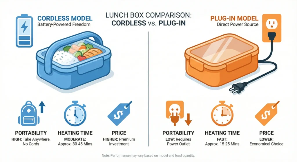 Comparison chart showing cordless versus plug-in electric lunch boxes heating time portability and price differences