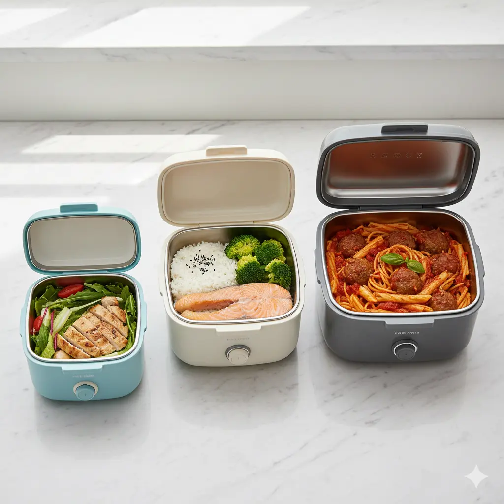 Electric lunch box capacity comparison showing small medium and large size meal portions
