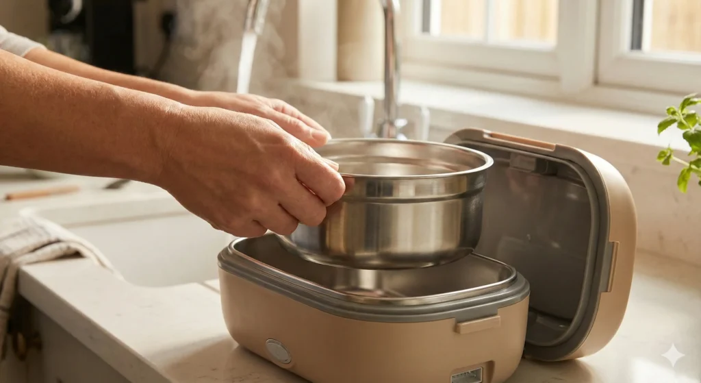 Dishwasher safe removable stainless steel container from electric lunch box easy cleaning.