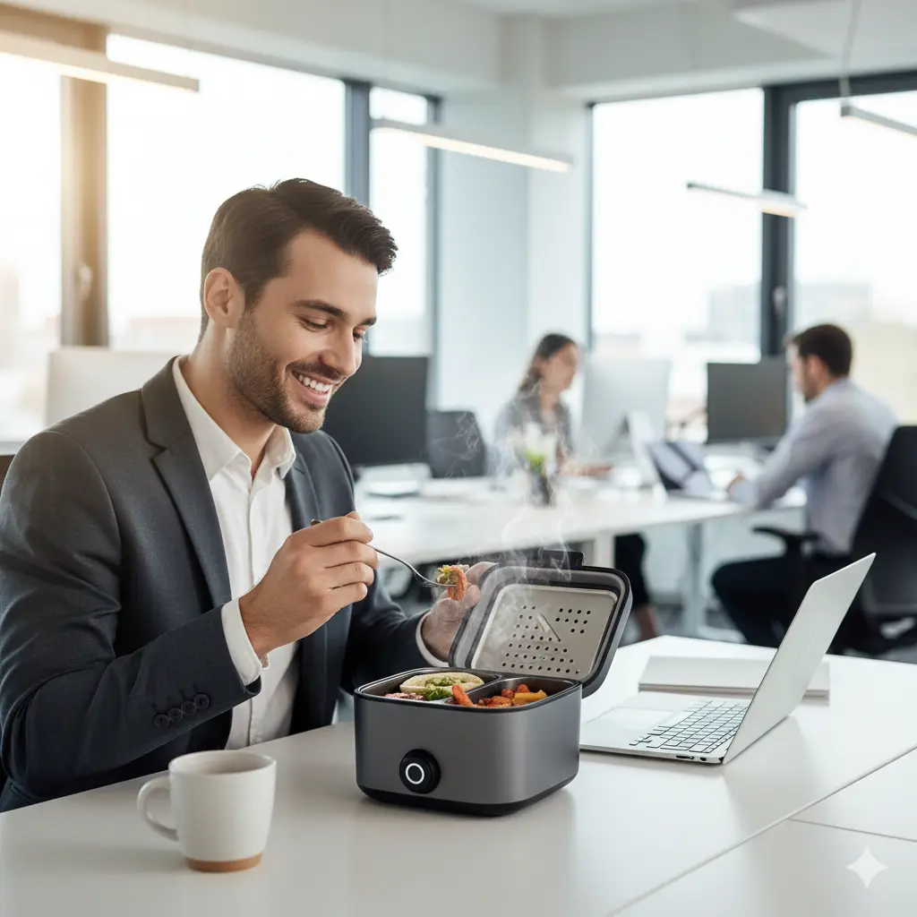 Office worker at desk using quiet electric lunch box for hot lunch break professional workplace