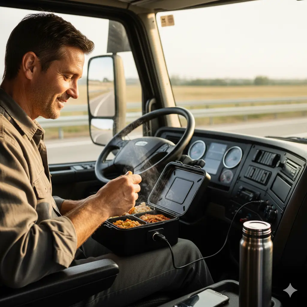 Truck driver using electric lunch box with 12V car adapter in vehicle cabin for hot meals on the road