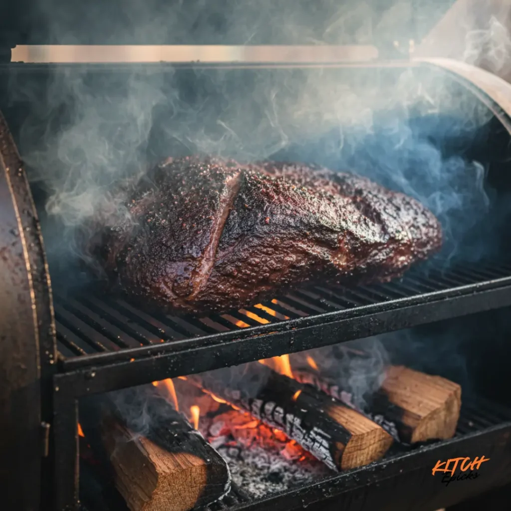 Brisket on a smoker grate developing dark bark with wood smoke rising.