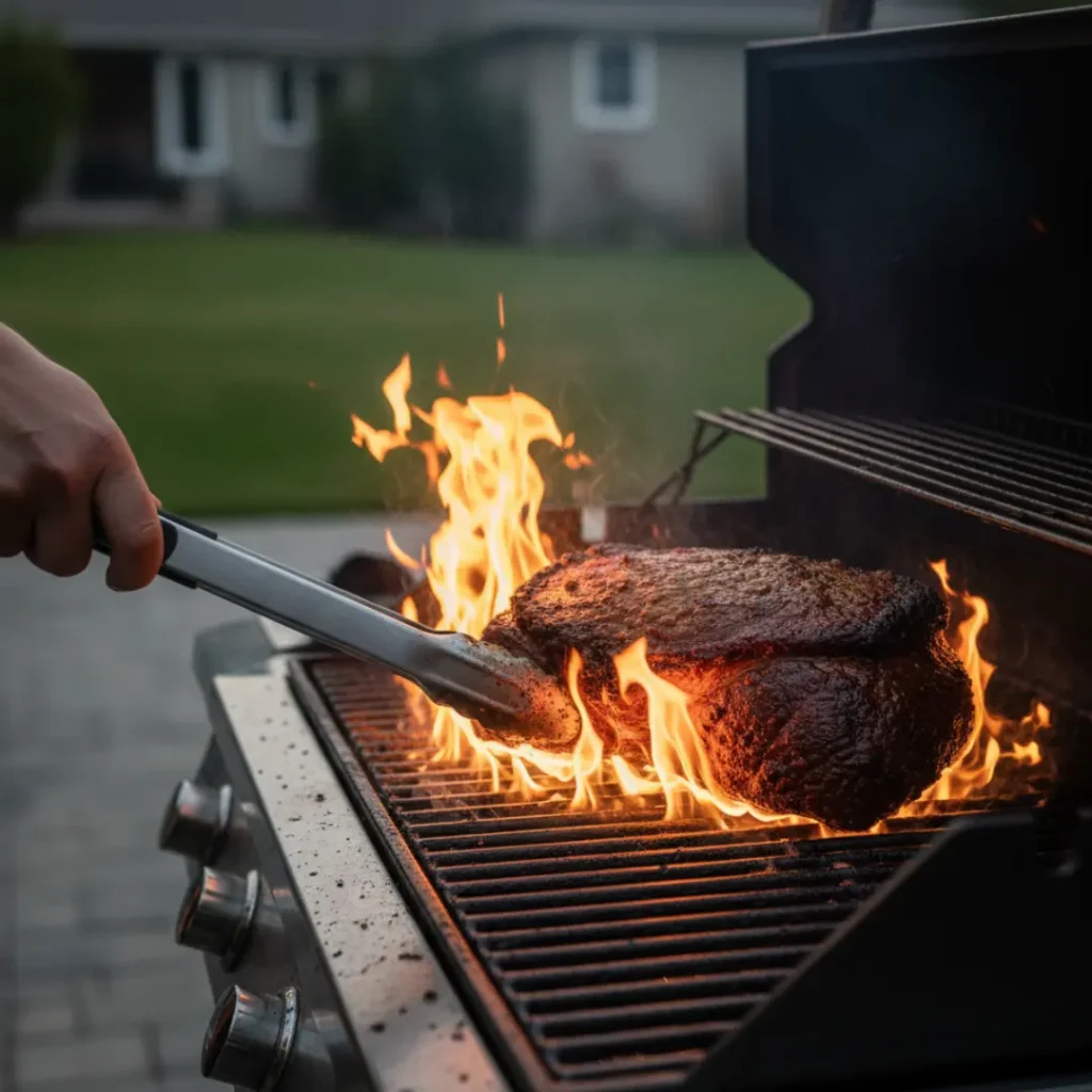 Brisket searing on a hot grill over direct heat to form crust.