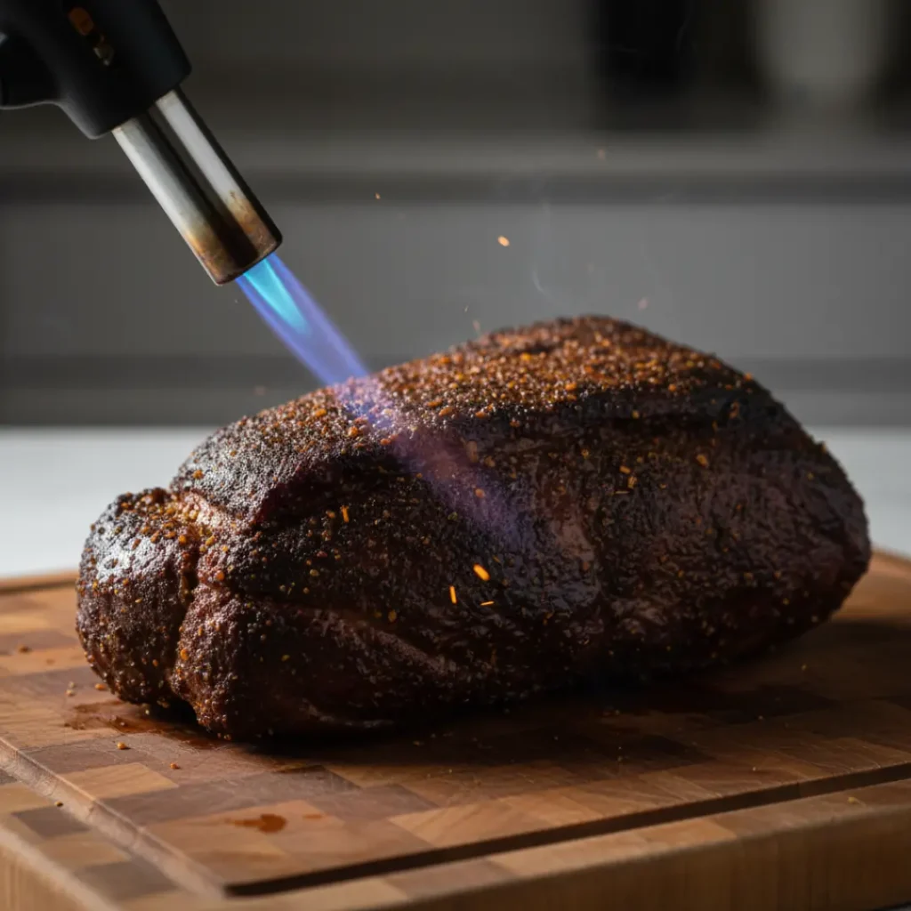 Brisket surface being seared with a kitchen torch to darken the rub.