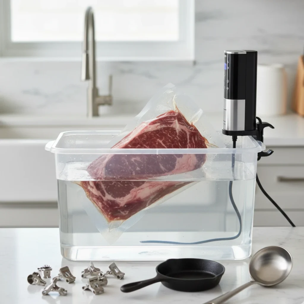 Vacuum-sealed brisket floating during sous vide cooking due to trapped air.
